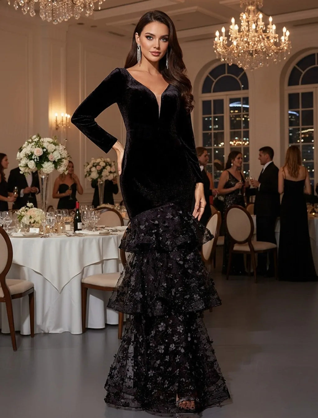 Black Mermaid V-Neck Long Sleeve Floral Tiered Ruffle Evening Dress
