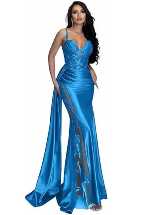 Teal Mermaid V-Neck Sleeveless Beaded Maxi Evening Dress for Women Custom