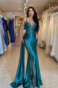 Teal Mermaid V-Neck Sleeveless Beaded Maxi Evening Dress for Women Custom