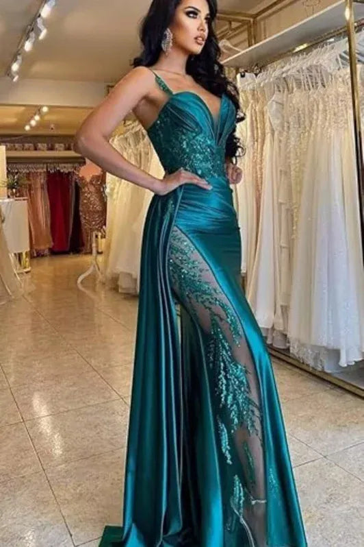 Teal Mermaid V-Neck Sleeveless Beaded Maxi Evening Dress for Women Custom