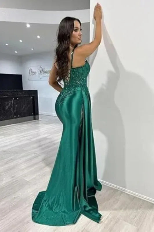 Teal Mermaid V-Neck Sleeveless Beaded Maxi Evening Dress for Women Custom