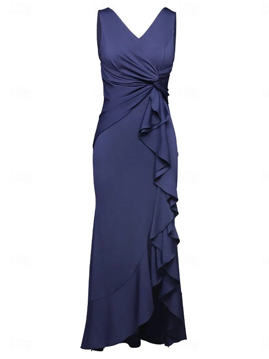 Navy Blue Mermaid V-Neck Sleeveless Ruffled Maxi Evening Dress