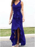 Navy Blue Mermaid V-Neck Sleeveless Ruffled Maxi Evening Dress