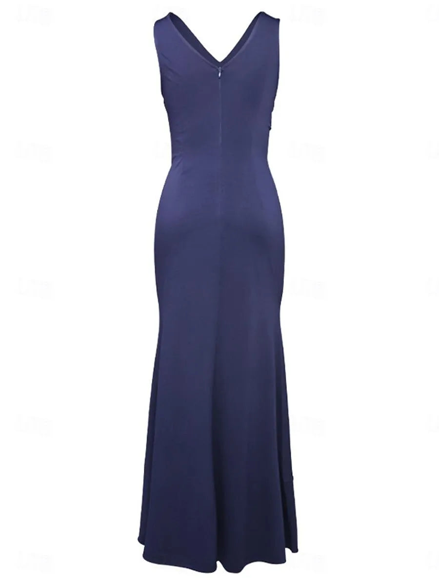 Navy Blue Mermaid V-Neck Sleeveless Ruffled Maxi Evening Dress
