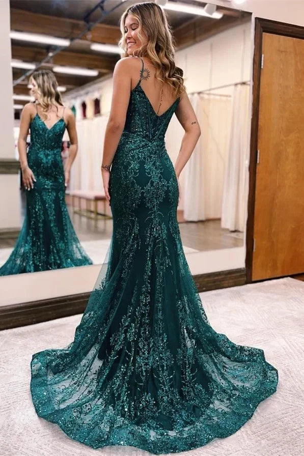 Teal Mermaid V-Neck Spaghetti Strap Maxi Prom Dress