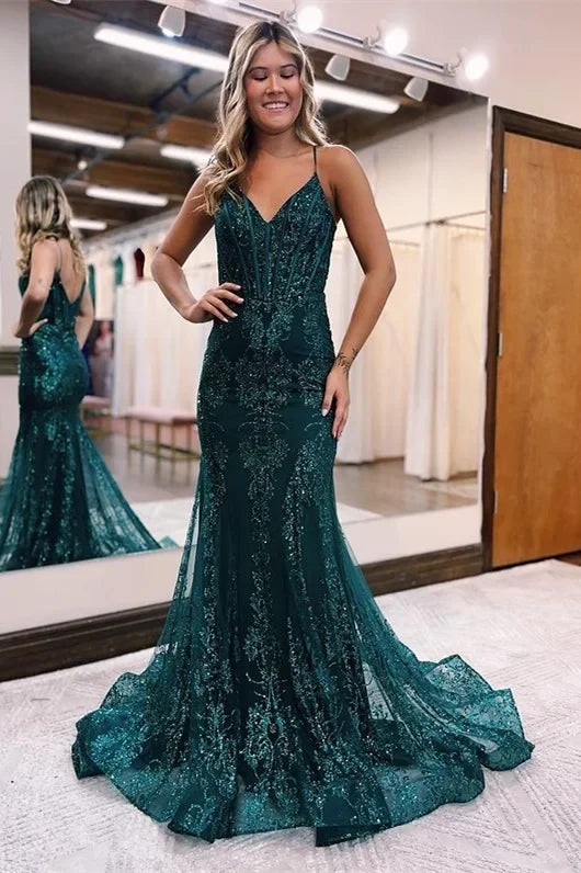 Teal Mermaid V-Neck Spaghetti Strap Maxi Prom Dress