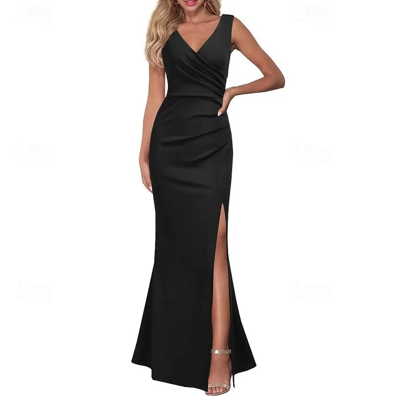 Black Mermaid V-neck Sleeveless Ruched Maxi Prom Dress for Women Hot Sale