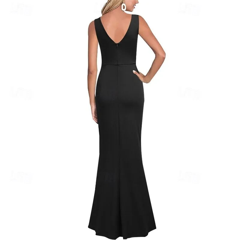 Black Mermaid V-neck Sleeveless Ruched Maxi Prom Dress for Women Hot Sale