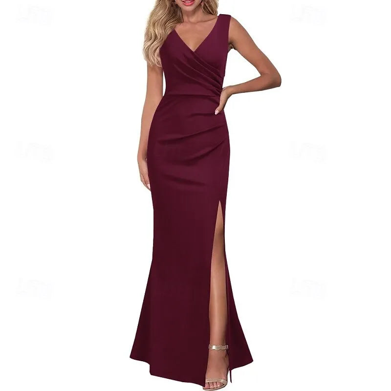 Black Mermaid V-neck Sleeveless Ruched Maxi Prom Dress for Women Hot Sale