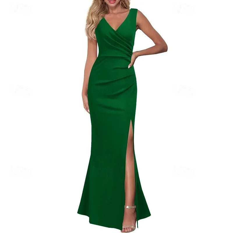 Black Mermaid V-neck Sleeveless Ruched Maxi Prom Dress for Women Hot Sale