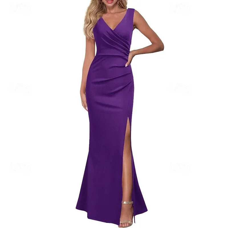 Black Mermaid V-neck Sleeveless Ruched Maxi Prom Dress for Women Hot Sale