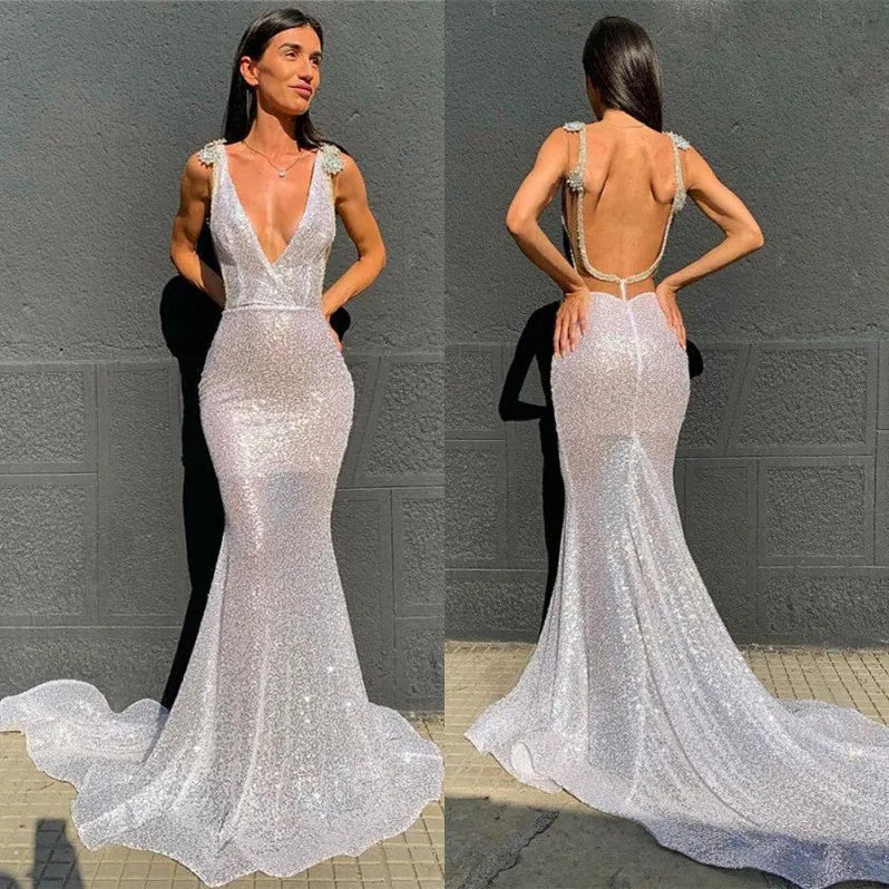 Silver Mermaid V-neck Beaded Evening Dress For Ladies Hot Sale