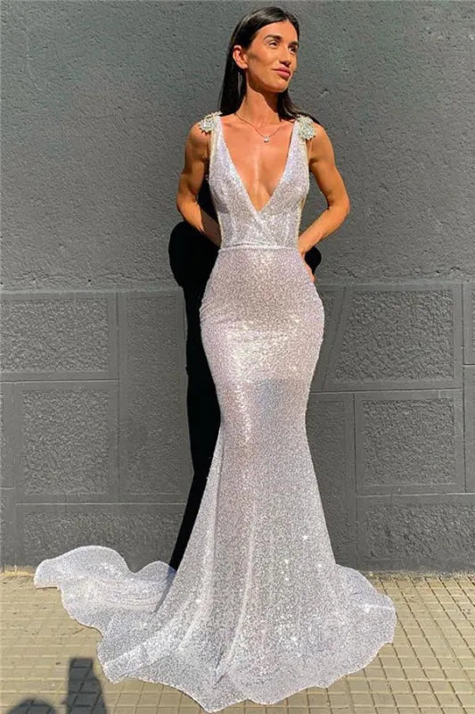 Silver Mermaid V-neck Beaded Evening Dress For Ladies Hot Sale
