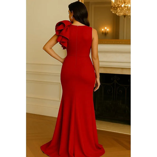 Chic Red Ruffled Mermaid V-Neck Classic-Sleeve Classic-Back Floor-Length Prom Dress