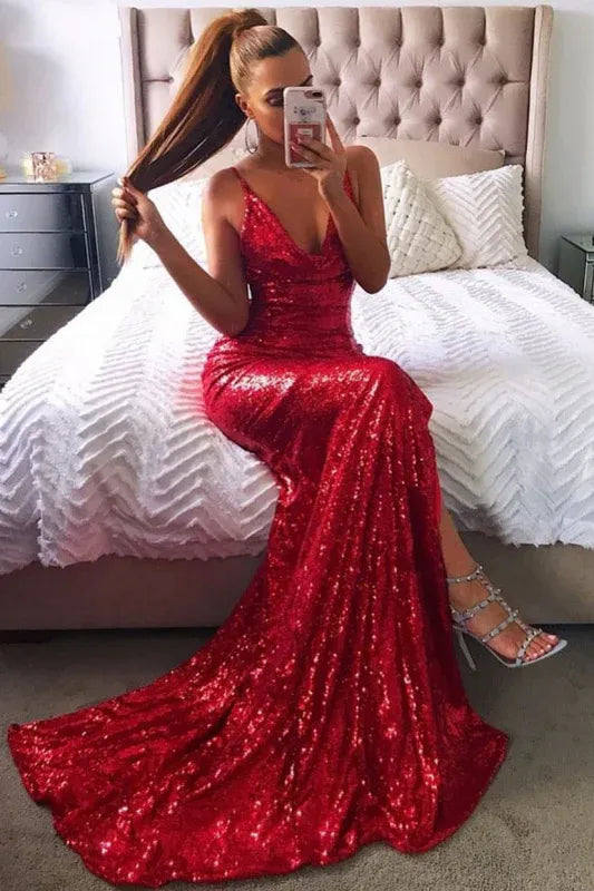 Red Mermaid Cowl Neck Evening Dress For Ladies Hot Sale