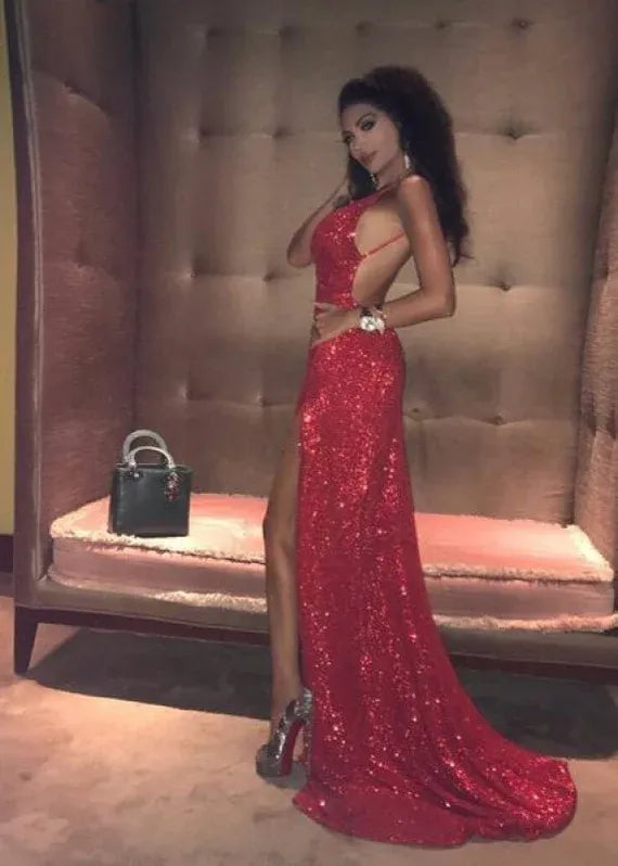 Red Mermaid Cowl Neck Evening Dress For Ladies Hot Sale