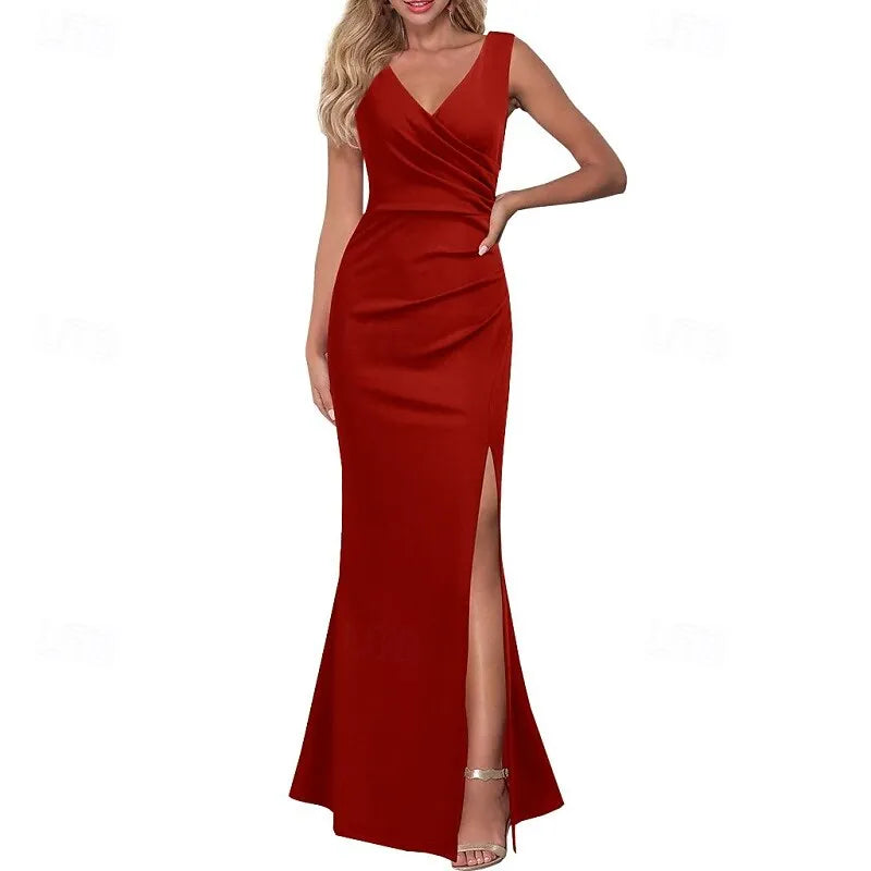 Black Mermaid V-neck Sleeveless Ruched Maxi Prom Dress for Women Hot Sale