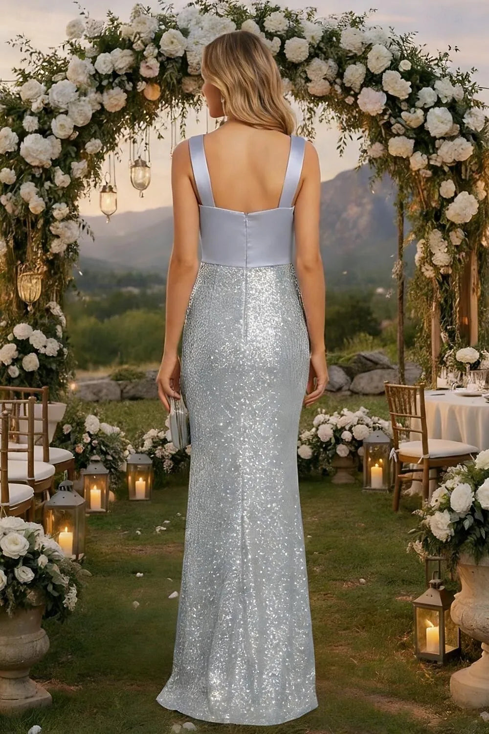 Silver Mermaid Sweetheart Sleeveless Bow Maxi Prom Dress