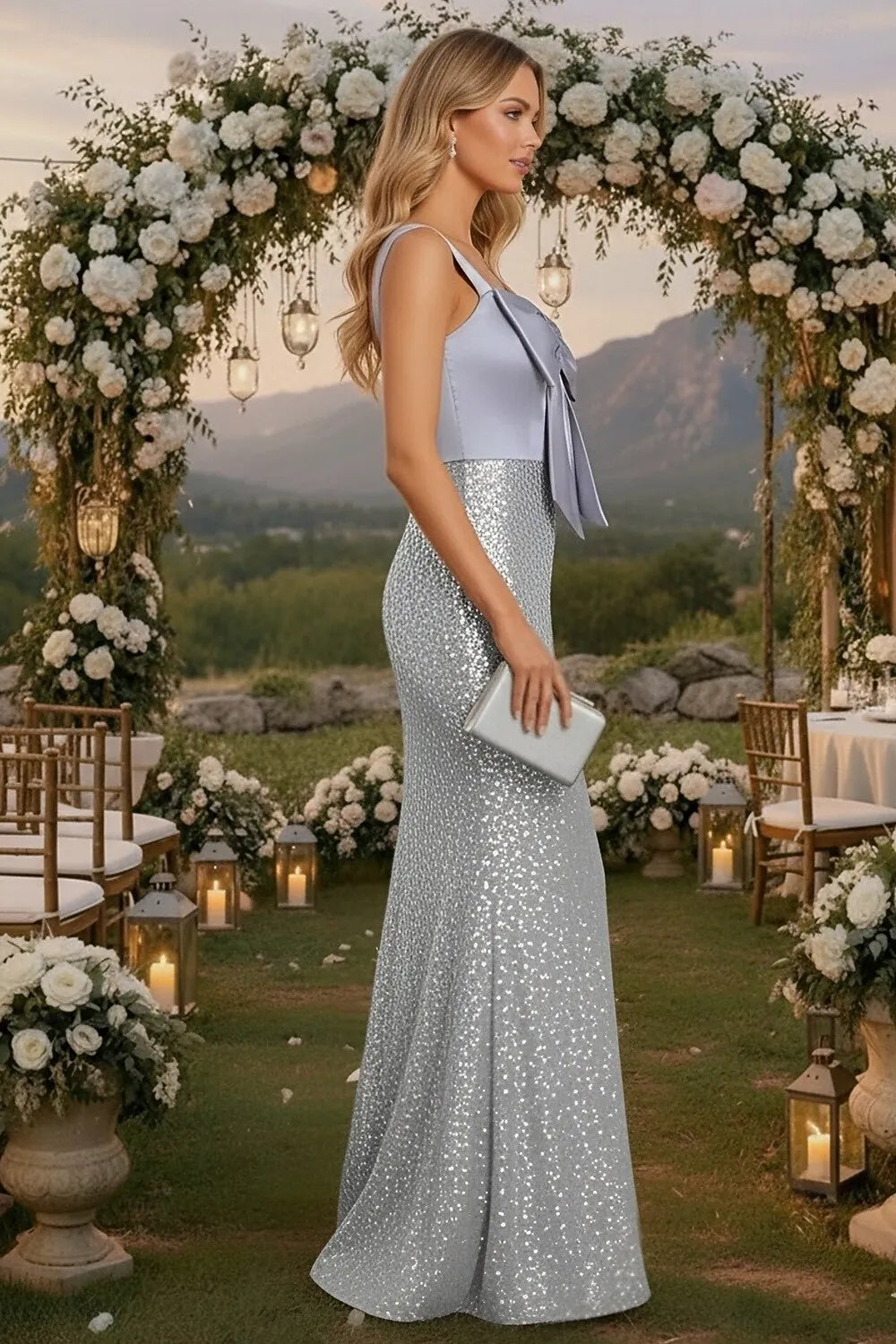 Silver Mermaid Sweetheart Sleeveless Bow Maxi Prom Dress