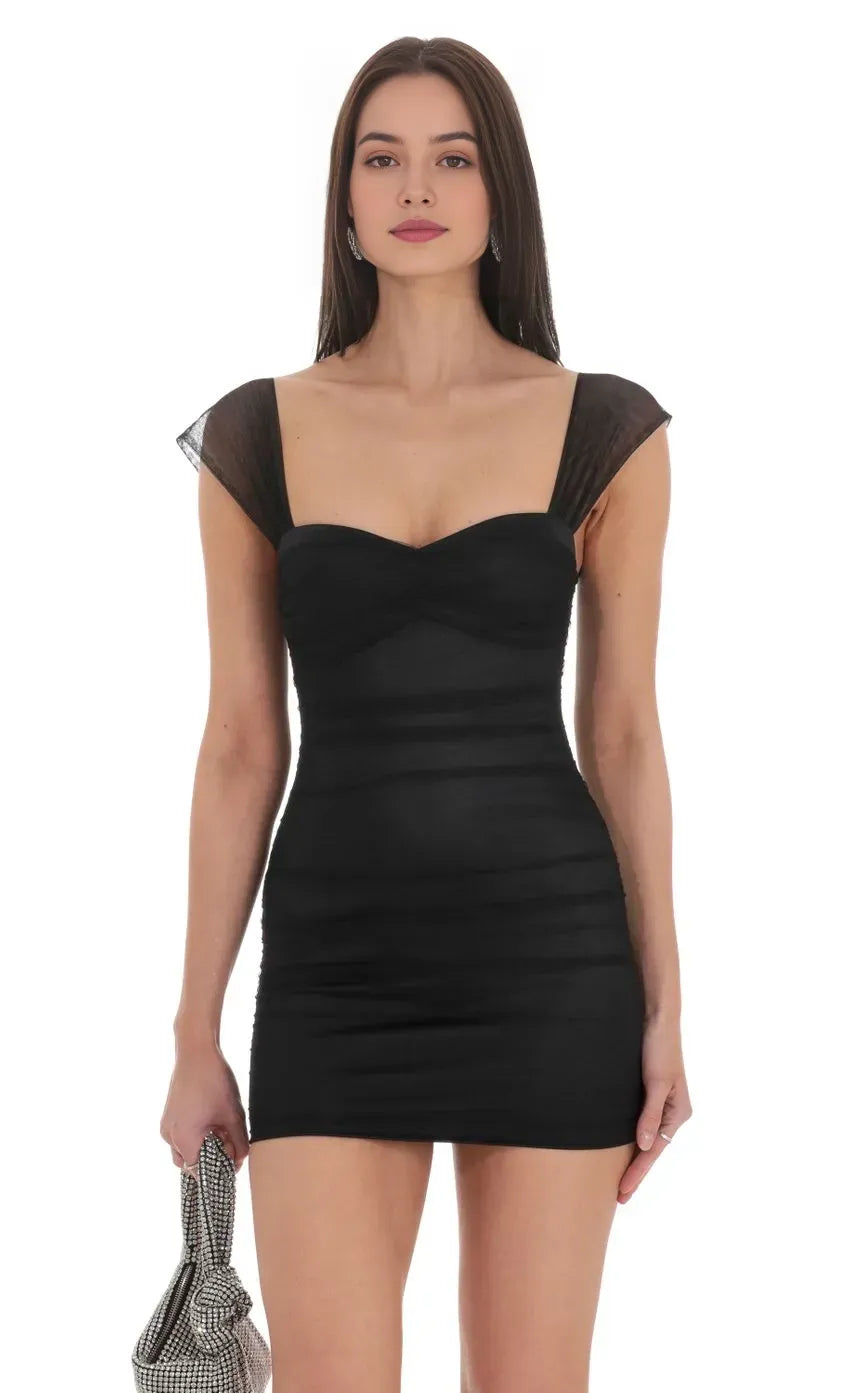 Overlay Homecoming Dress Square Neck Sheer Sleeves Bodycon Fit Elevate Style at High School Celebrations