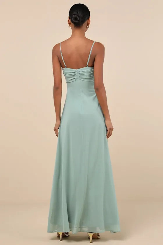 Green Mint Prom Dresses featuring Spaghetti Straps Draped Bodice Detail and Flowing Floor Length Silhouette Perfect for Prom Nights