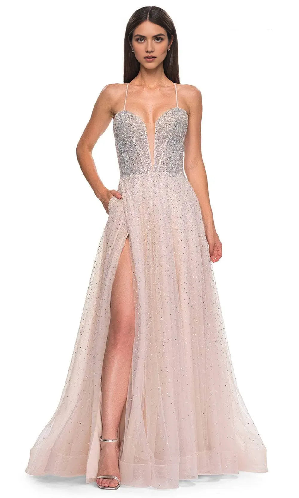 Green Mint Prom Dress with - Bodice Spaghetti Straps High Side Slit for Formal Evening Galas
