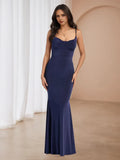 Navy Blue Mermaid Prom Dress Cowl Neckline Spaghetti Straps Sculpted Silhouette to Elevate Gala Style