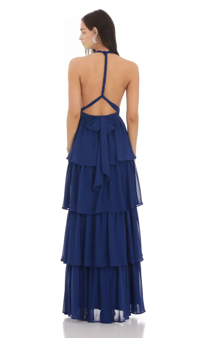 Navy Blue Prom Gown with Halter Neckline Tiered Ruffle Skirt Deep V Cut Ideal for Memorable Prom Nights