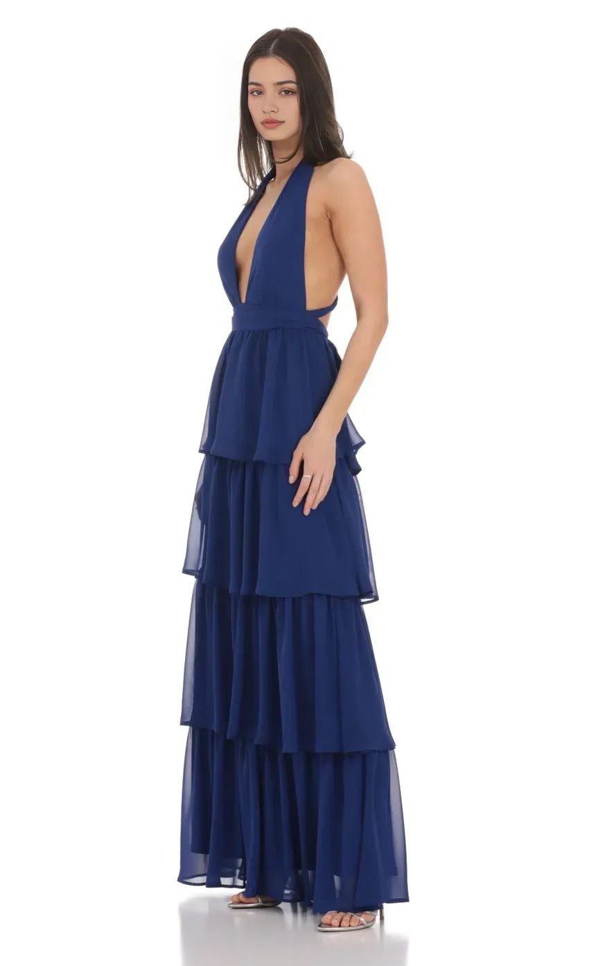 Navy Blue Prom Gown with Halter Neckline Tiered Ruffle Skirt Deep V Cut Ideal for Memorable Prom Nights