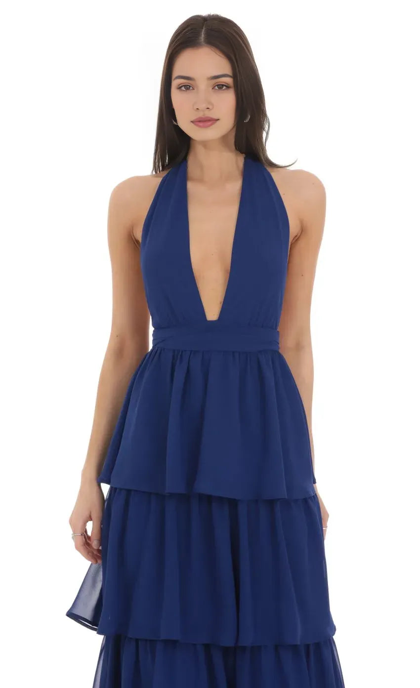 Navy Blue Prom Gown with Halter Neckline Tiered Ruffle Skirt Deep V Cut Ideal for Memorable Prom Nights