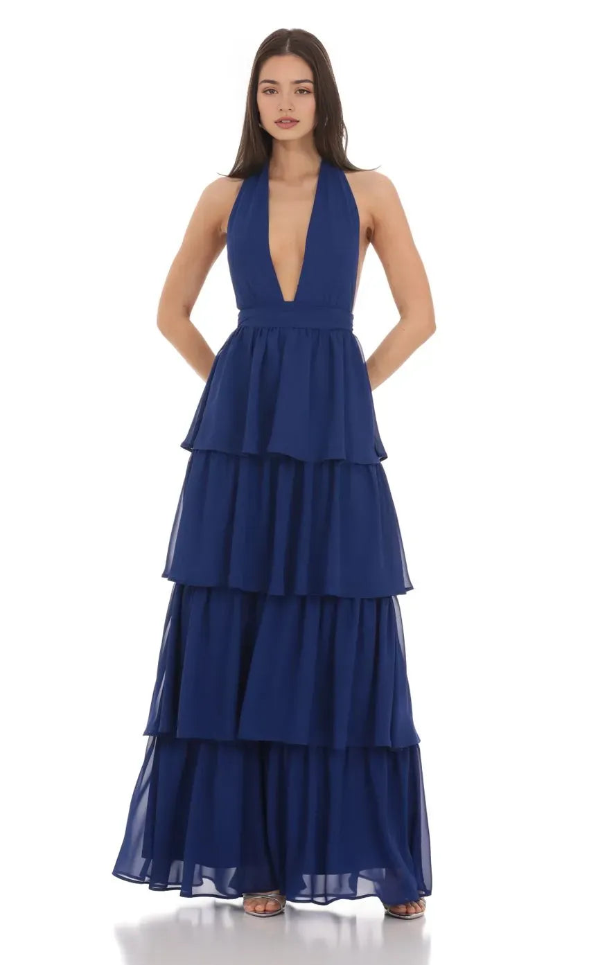 Navy Blue Prom Gown with Halter Neckline Tiered Ruffle Skirt Deep V Cut Ideal for Memorable Prom Nights