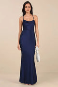 Navy Blue Prom Dresses featuring Spaghetti Straps Draped Cowl Neck and Fitted Mermaid Style Skirt Perfect for Prom Nights