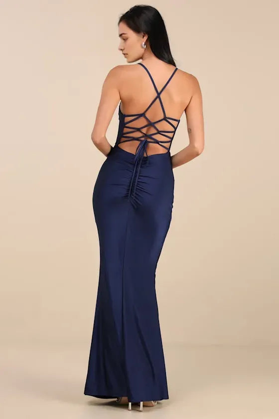 Navy Blue Prom Dresses featuring Spaghetti Straps Draped Cowl Neck and Fitted Mermaid Style Skirt Perfect for Prom Nights
