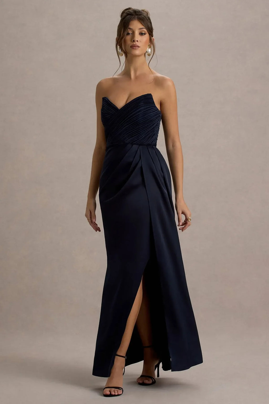 Navy Blue Strapless Prom Dress with Ruched Sweetheart Neckline and Asymmetric Draped Slit for Formal Galas