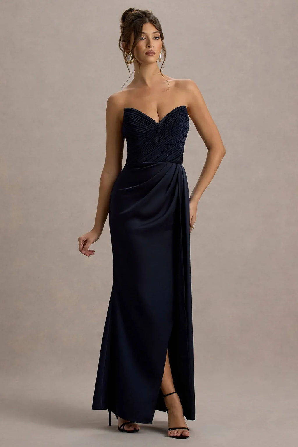 Navy Blue Strapless Prom Dress with Ruched Sweetheart Neckline and Asymmetric Draped Slit for Formal Galas
