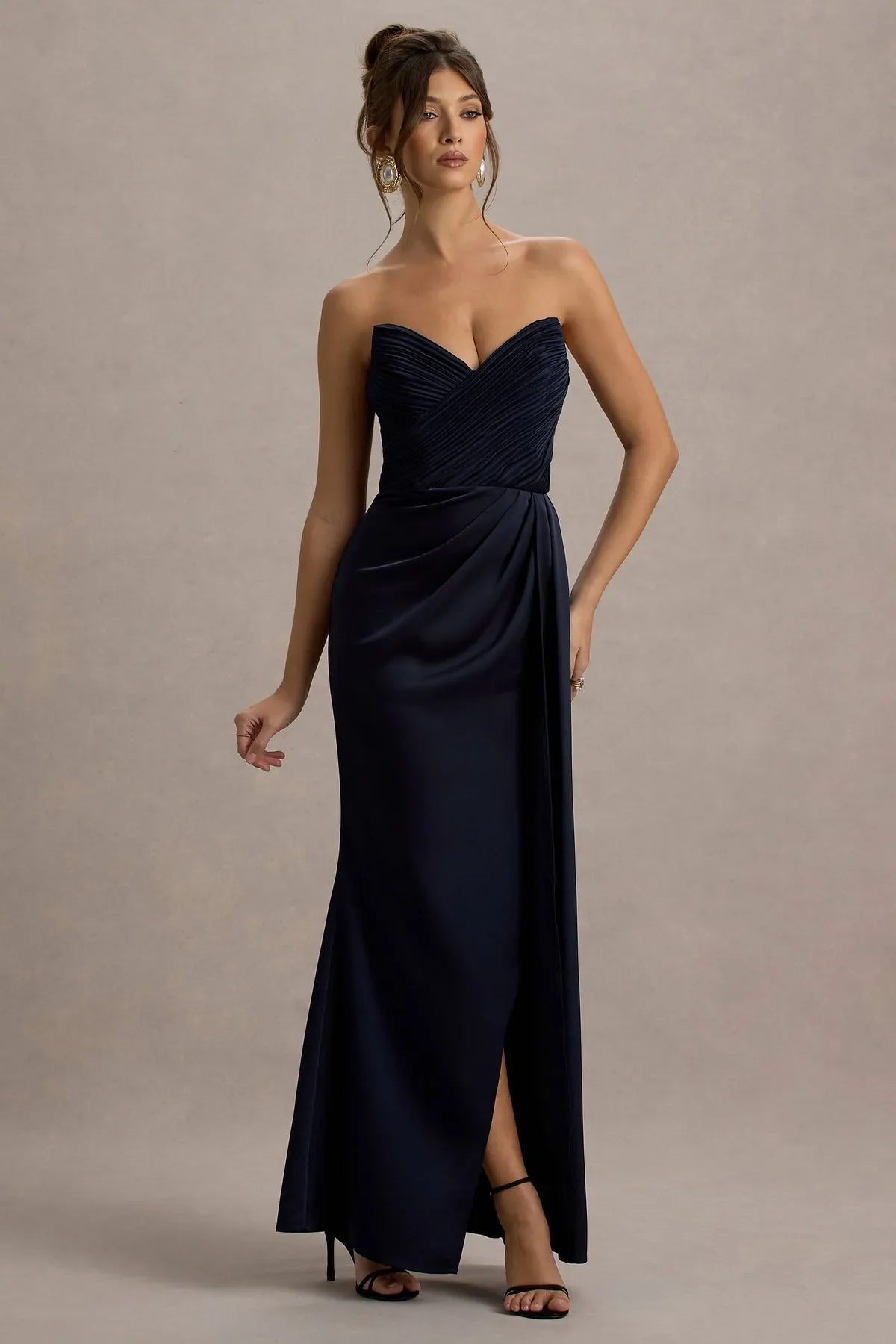 Navy Blue Strapless Prom Dress with Ruched Sweetheart Neckline and Asymmetric Draped Slit for Formal Galas