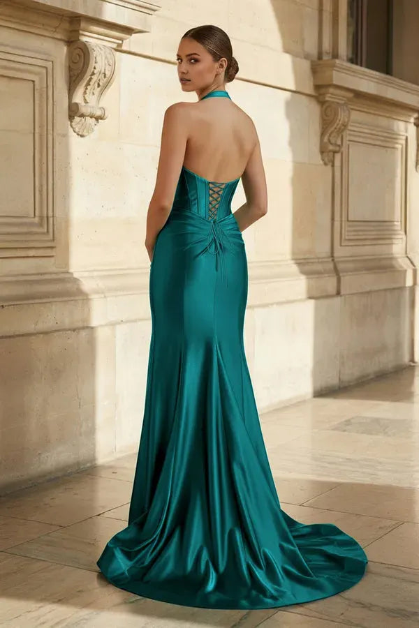 Navy Mermaid Halter Neck Sleeveless Lace-Up Floor-Length Ruched Prom Dresses with Slit