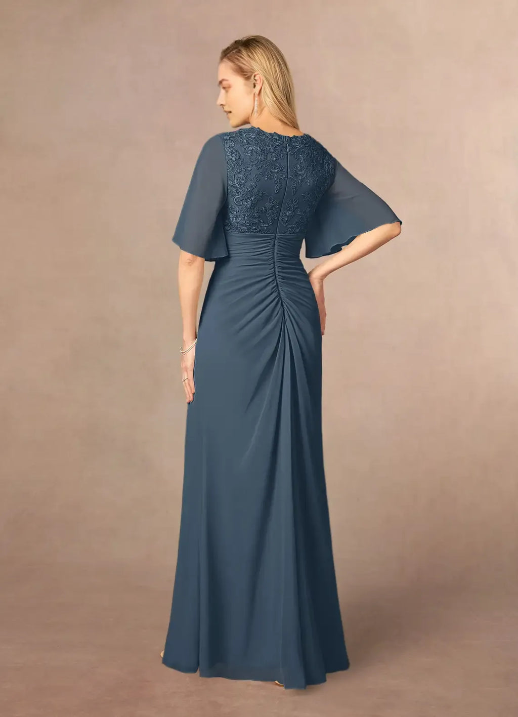 Neptune A-Line V-Neck Mother of the Bride Dresses Luxe Finish V - Neck Short Sleeves Figure - Flattering Draped Design Floor Length Silhouette