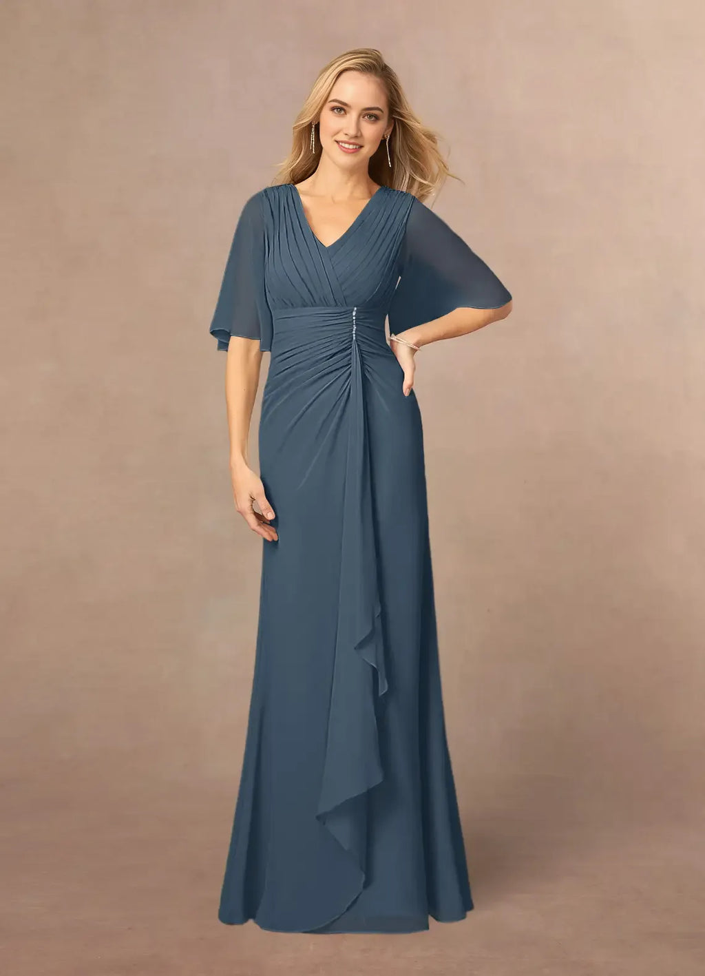 Neptune A-Line V-Neck Mother of the Bride Dresses Luxe Finish V - Neck Short Sleeves Figure - Flattering Draped Design Floor Length Silhouette