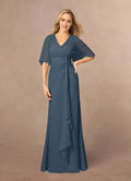 Neptune A-Line V-Neck Mother of the Bride Dresses Luxe Finish V - Neck Short Sleeves Figure - Flattering Draped Design Floor Length Silhouette