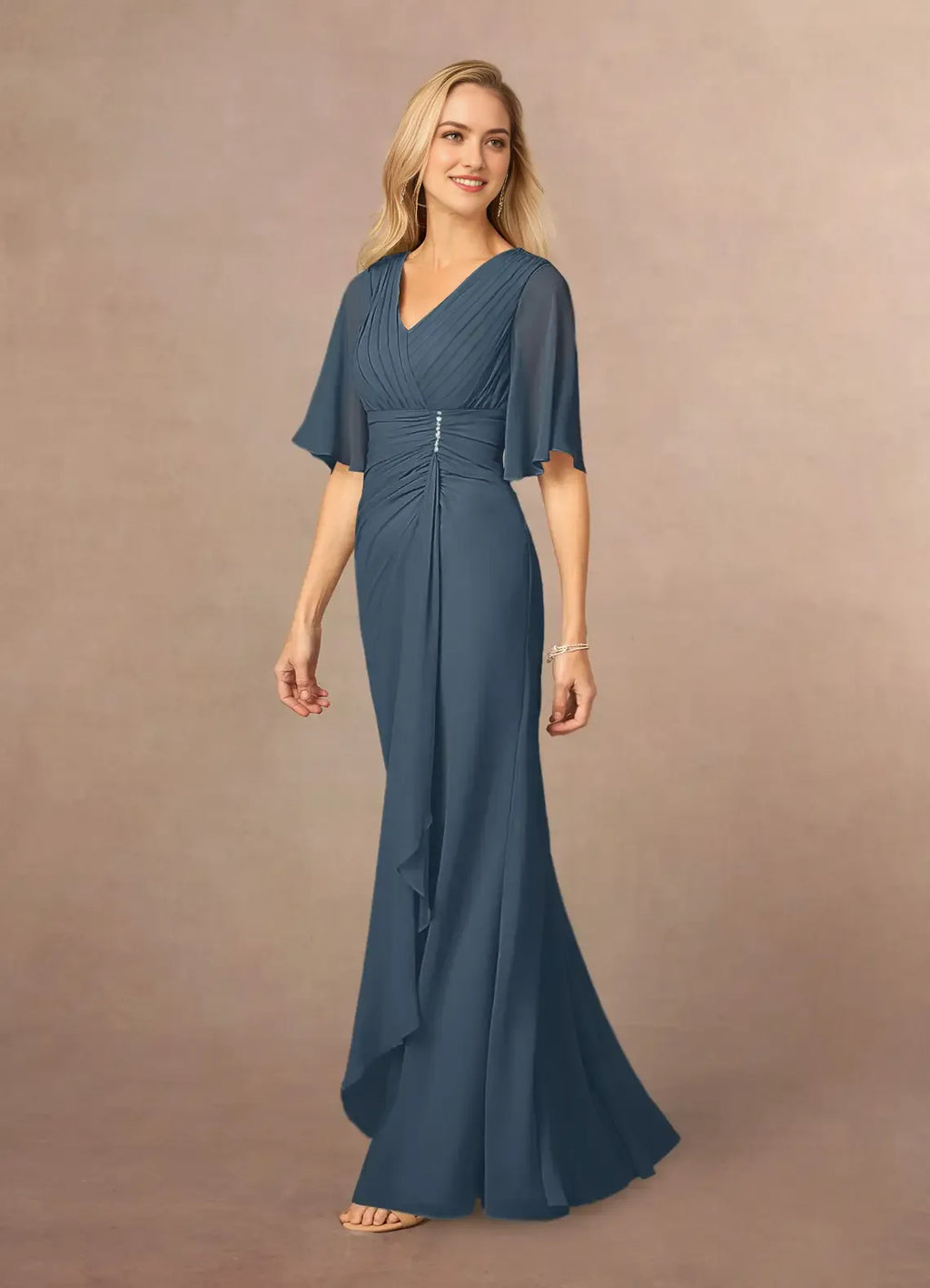 Neptune A-Line V-Neck Mother of the Bride Dresses Luxe Finish V - Neck Short Sleeves Figure - Flattering Draped Design Floor Length Silhouette