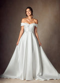 Off - Shoulder A-Line Sweetheart Neckline Mikado Wedding Dress Ball GownBow Detailing Voluminous Train Minimalist Detailing