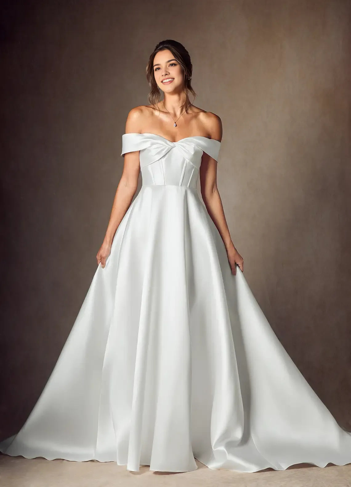 Off - Shoulder A-Line Sweetheart Neckline Mikado Wedding Dress Ball GownBow Detailing Voluminous Train Minimalist Detailing