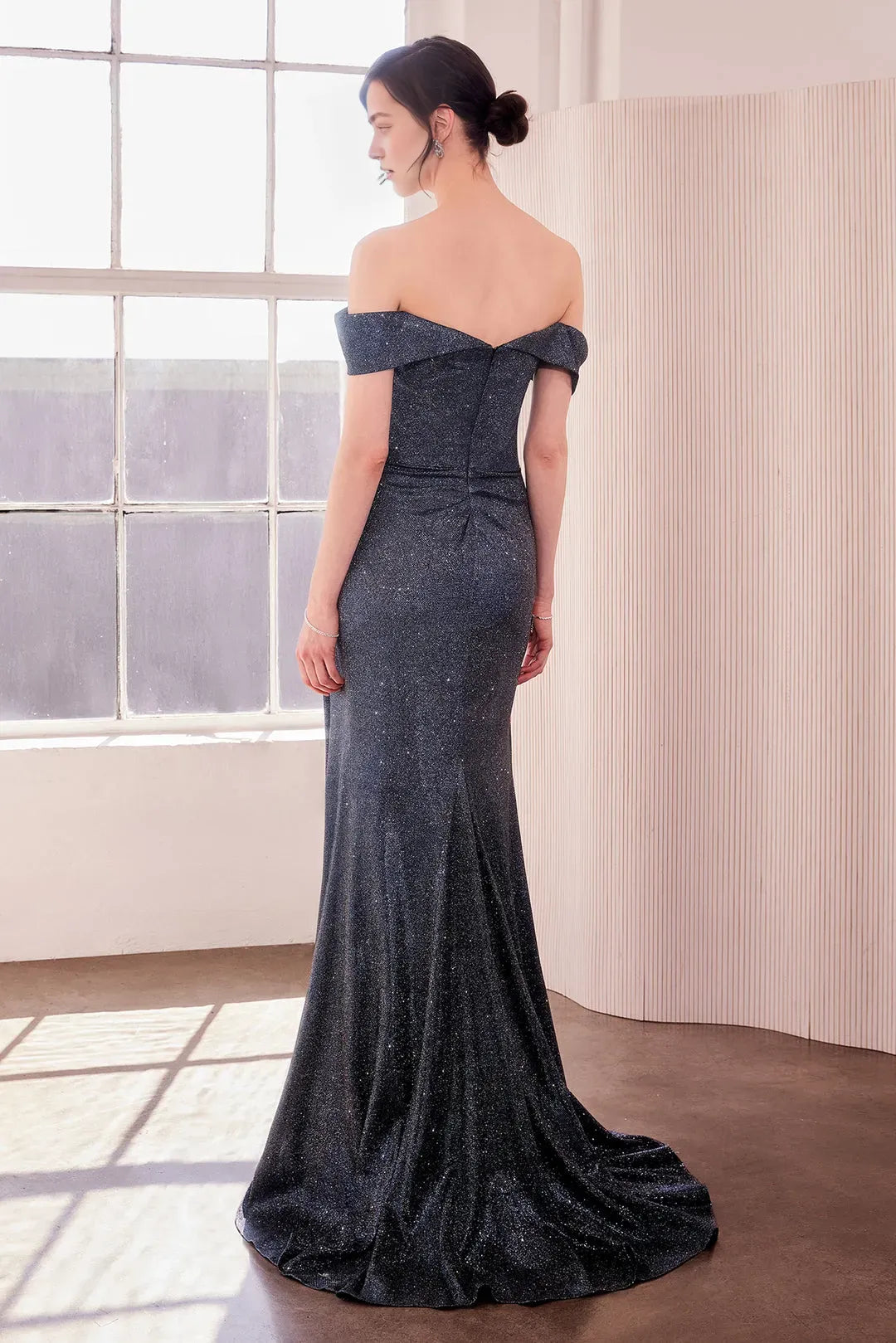 Black Off - Shoulder Glitter Prom Dress with Ruched Design High Side Slit and Train for Evening Galas