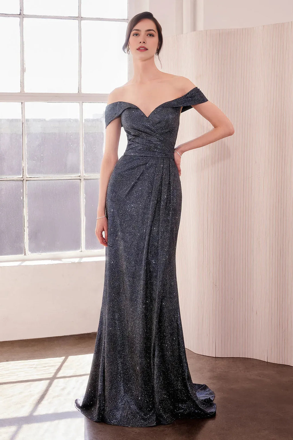 Black Off - Shoulder Glitter Prom Dress with Ruched Design High Side Slit and Train for Evening Galas