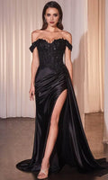 Black Off - Shoulder Evening Gown with Bodice and High Side Slit Perfect for Proms Formal Balls