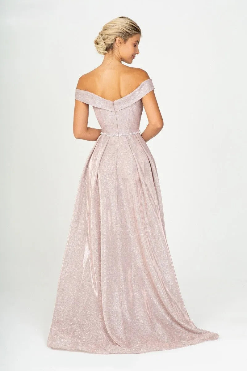 Champagne Off - Shoulder Shimmer Prom Gown with High Side Slit and Crystal Belt for Enchanting Evenings”