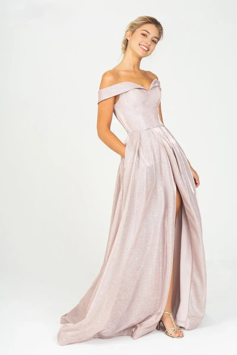 Champagne Off - Shoulder Shimmer Prom Gown with High Side Slit and Crystal Belt for Enchanting Evenings”