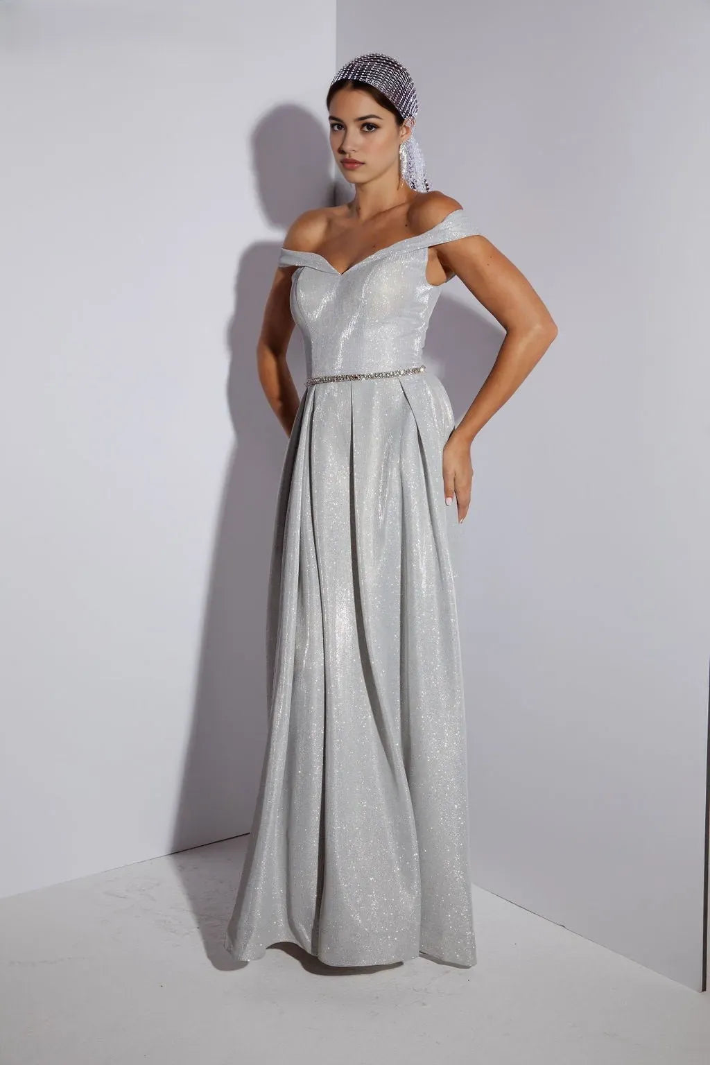 Champagne Off - Shoulder Shimmer Prom Gown with High Side Slit and Crystal Belt for Enchanting Evenings”
