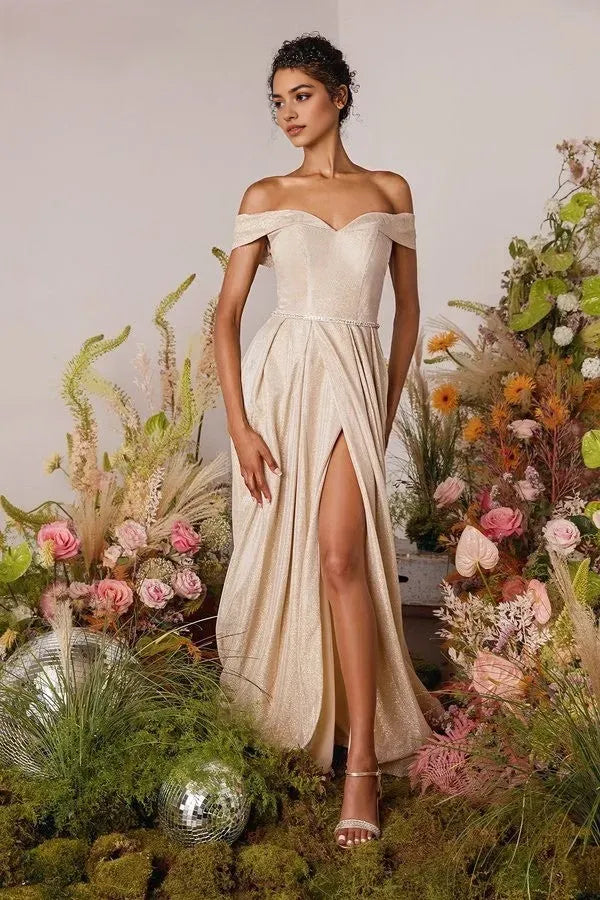 Champagne Off - Shoulder Shimmer Prom Gown with High Side Slit and Crystal Belt for Enchanting Evenings”